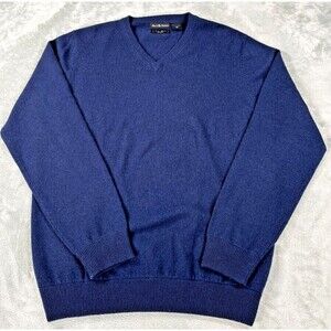W.H. Belk Cashmere Sweater Medium Blue V-Neck 100% Pure 2-Ply Pullover Knit Mens